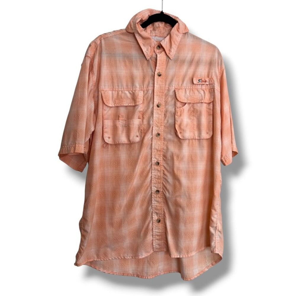 Bass Pro Shops World Wide Sportsman Angler Peach Plaid Fishing SS Shirt Size Lg